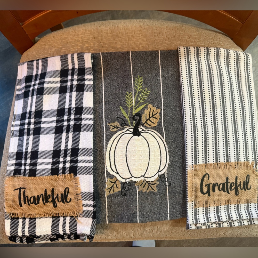 Plaid and Striped Kitchen Towels with Pumpkin Design